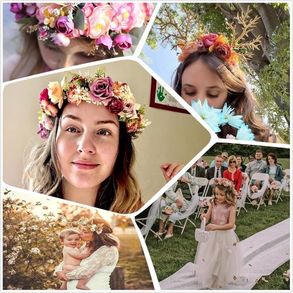 Women Costume Floral Deer Antlers Crown Headband Reindeer Hair Accessory main image 6